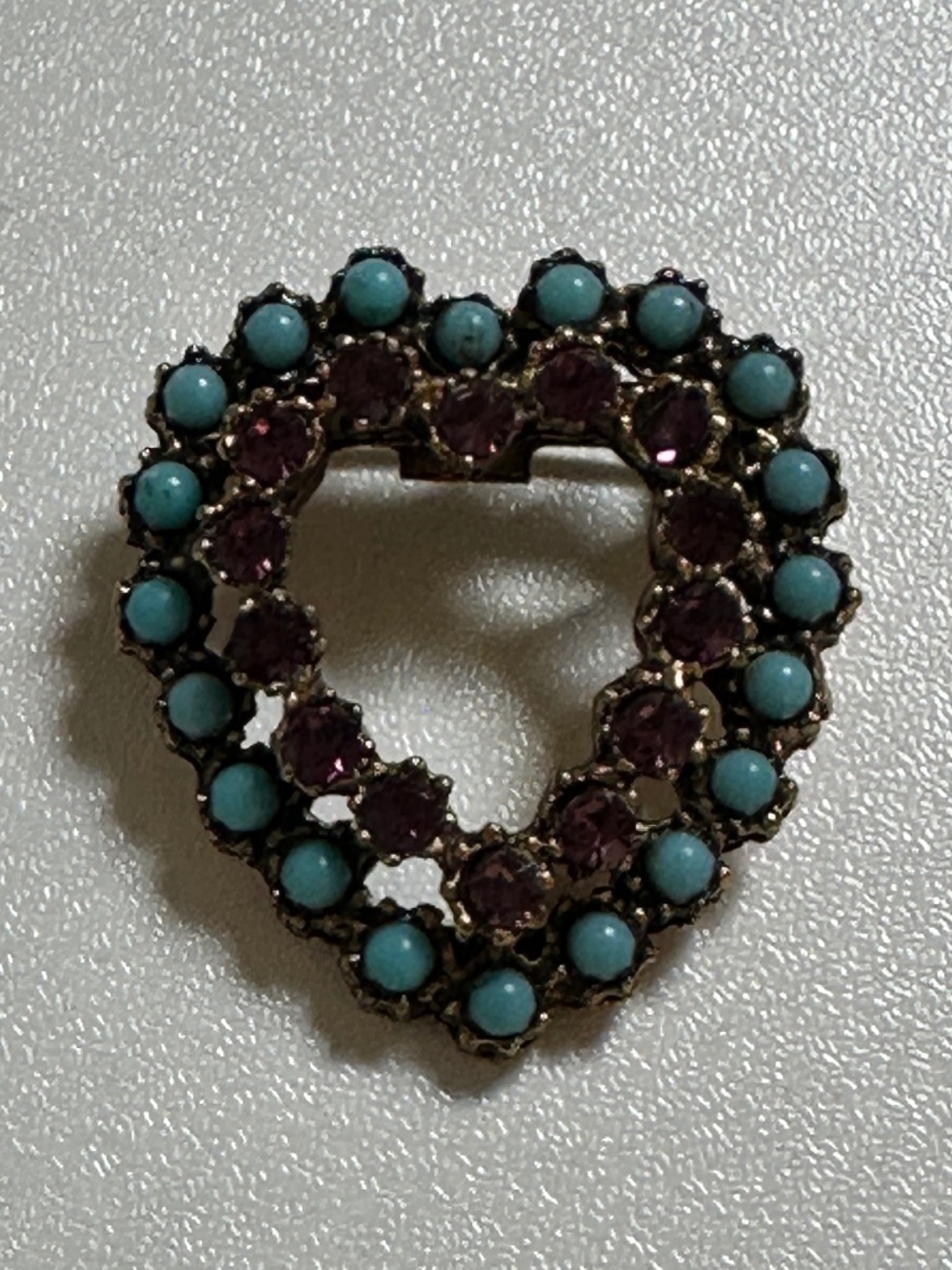 Vintage Heart Pin Purple Turquoise Goldtone Small Brooch